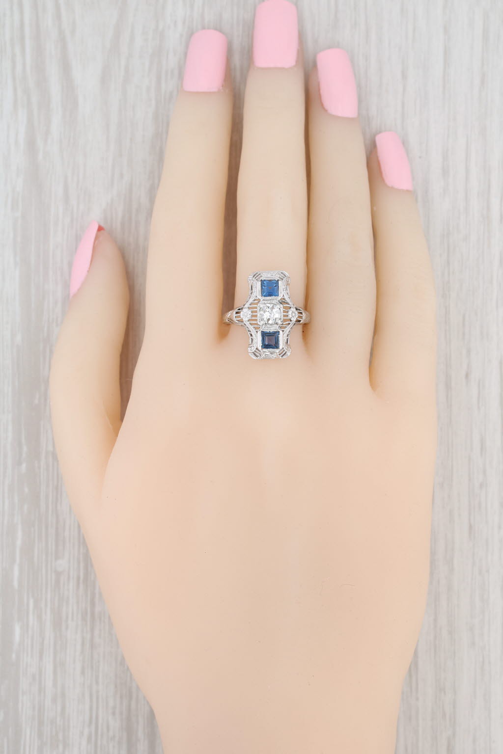 Light Gray Art Deco 1.07ctw Synthetic Blue Sapphire Diamond Ring 18k White Gold Size 8.5