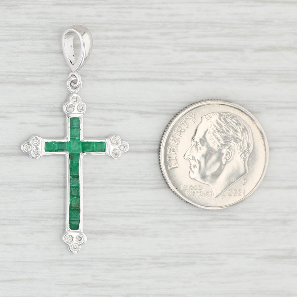 Light Gray 0.42ctw Emerald Diamond Cross Pendant 14k White Gold May Birthstone