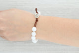 Light Gray White Marble Bead Bracelet Sterling Silver Toggle Clasp Leather Strand 7"