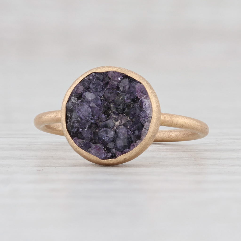 Light Gray New Nina Nguyen Amethyst Druzy Ring Brushed 18k Yellow Gold Size 7 Solitaire