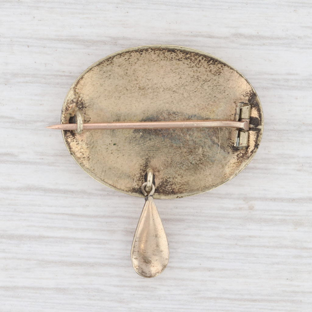 Light Gray Antique Floral Brooch Gold Filled Enamel 1800s Keepsake Pin