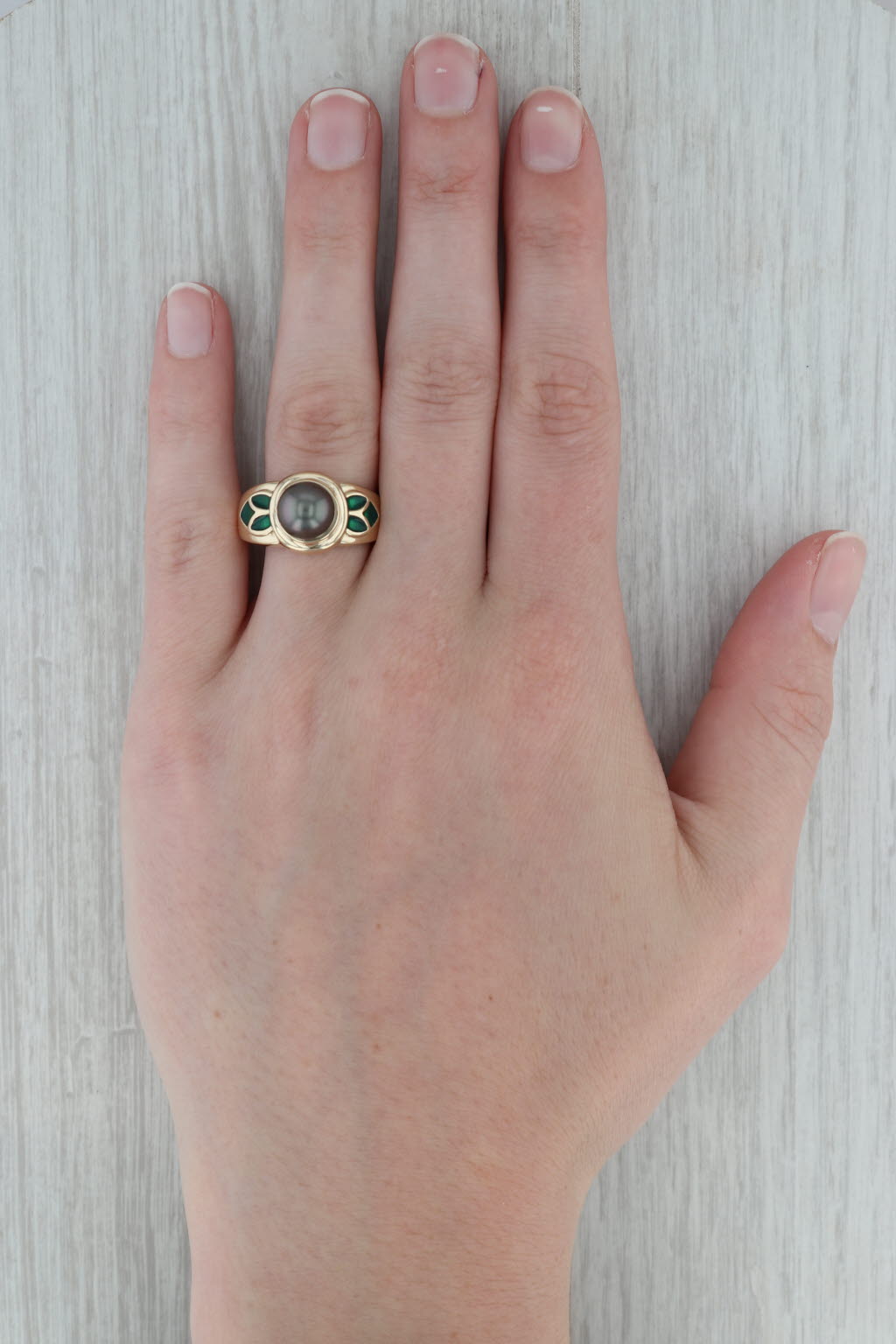 Dark Gray Cultured Black Pearl Ring 14k Yellow Gold Resin Size 9 Round Solitaire