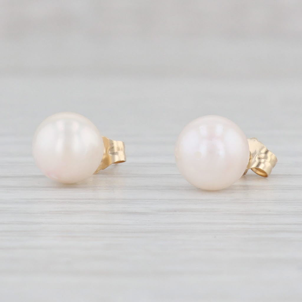 Light Gray Cultured Pearl Solitaire Stud Earrings 14k Yellow Gold June Birthstone