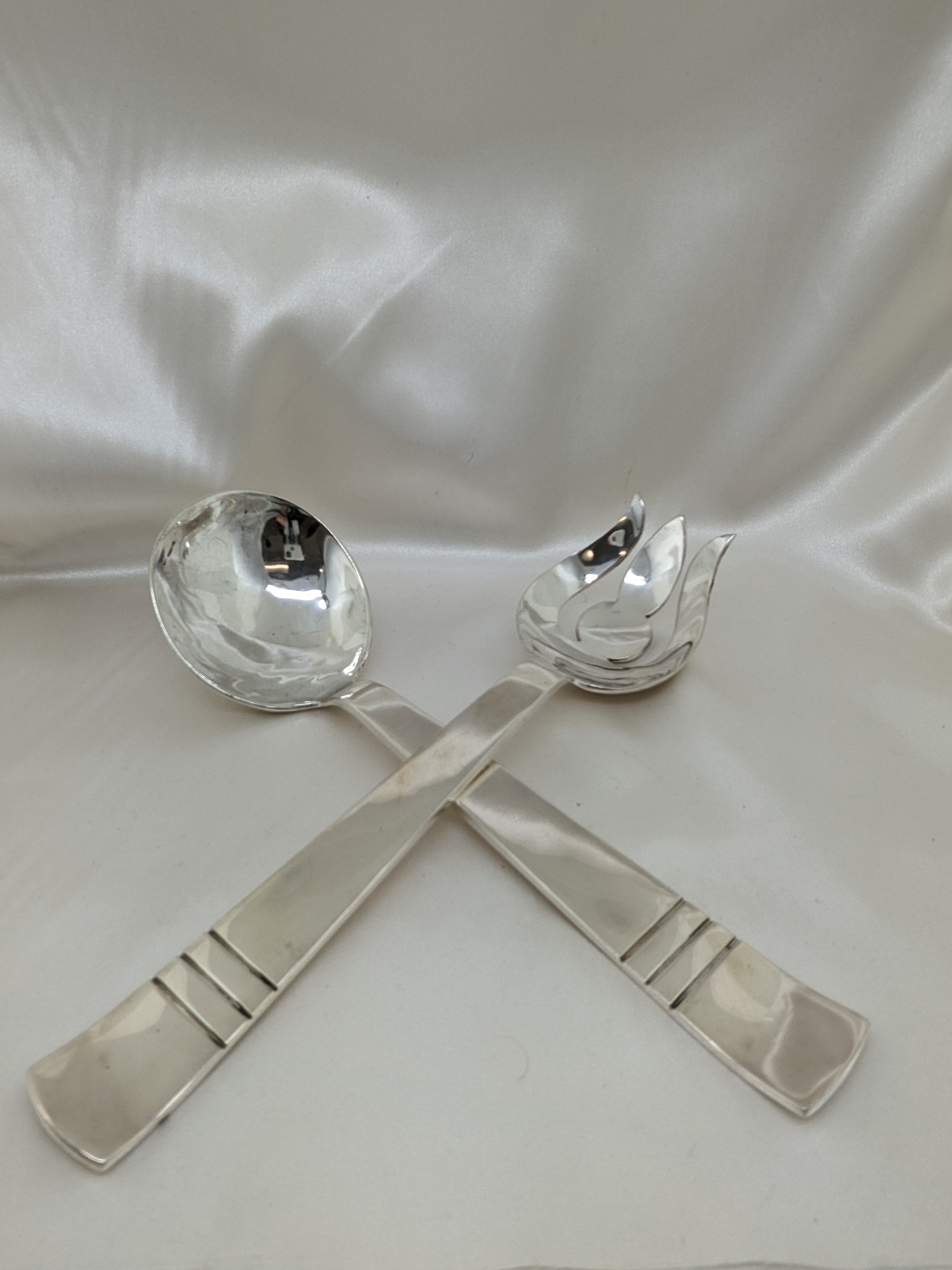 Dark Gray Salad Serving Set Fork & Spoon Sterling Silver TB-59 Taxco 9.25" 8.75"