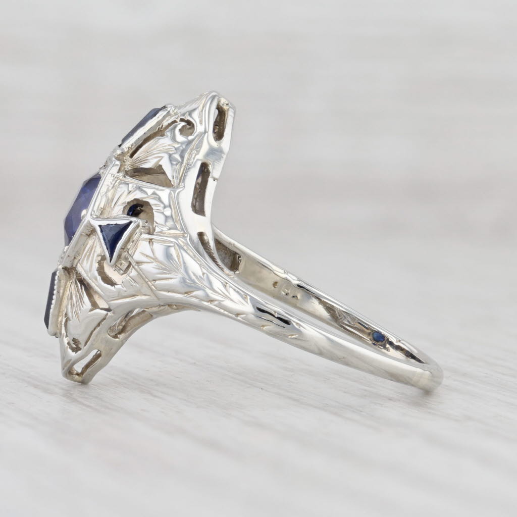 Light Gray Art Deco Synthetic Blue Sapphire Ring 18k White Gold Size 7 Vintage Floral