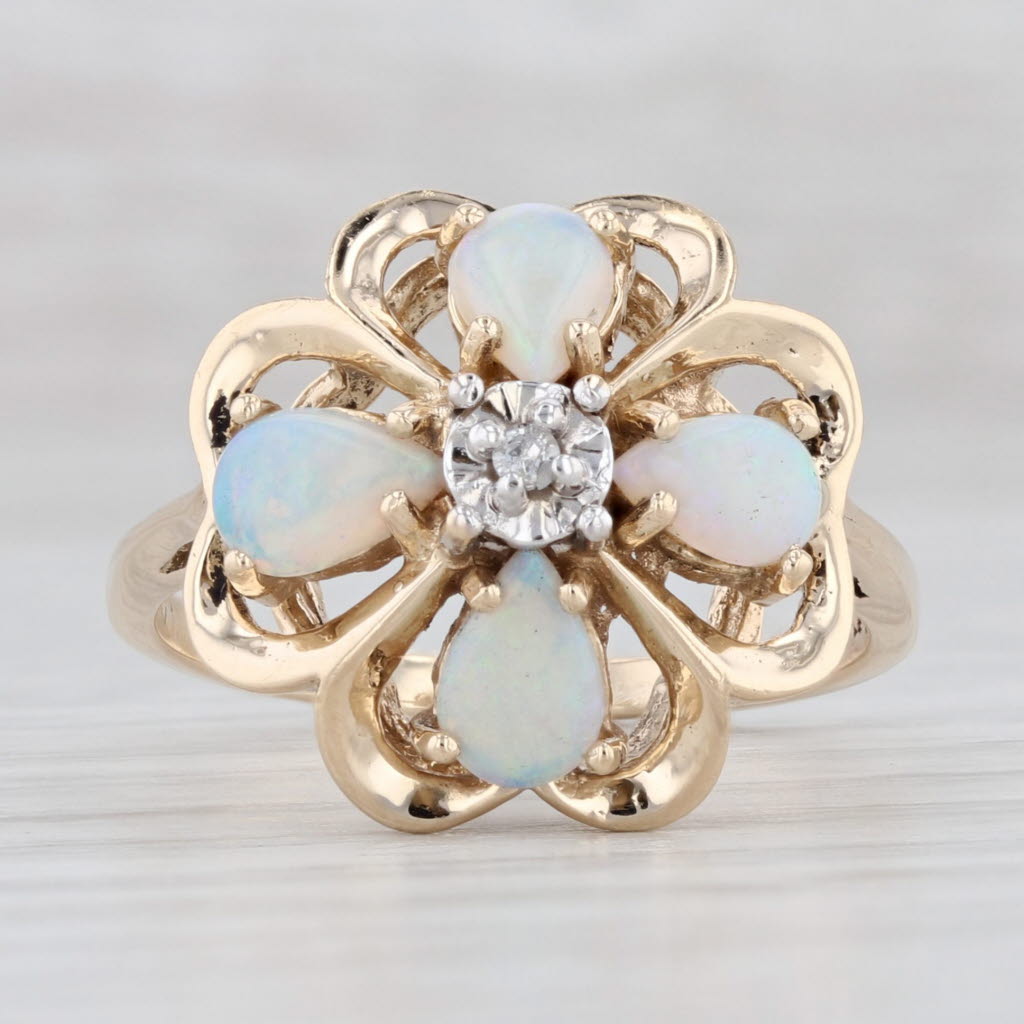 Light Gray 0.80ctw Opal Diamond Shamrock Ring 14k Yellow Gold 4-Leaf Clover Cocktail
