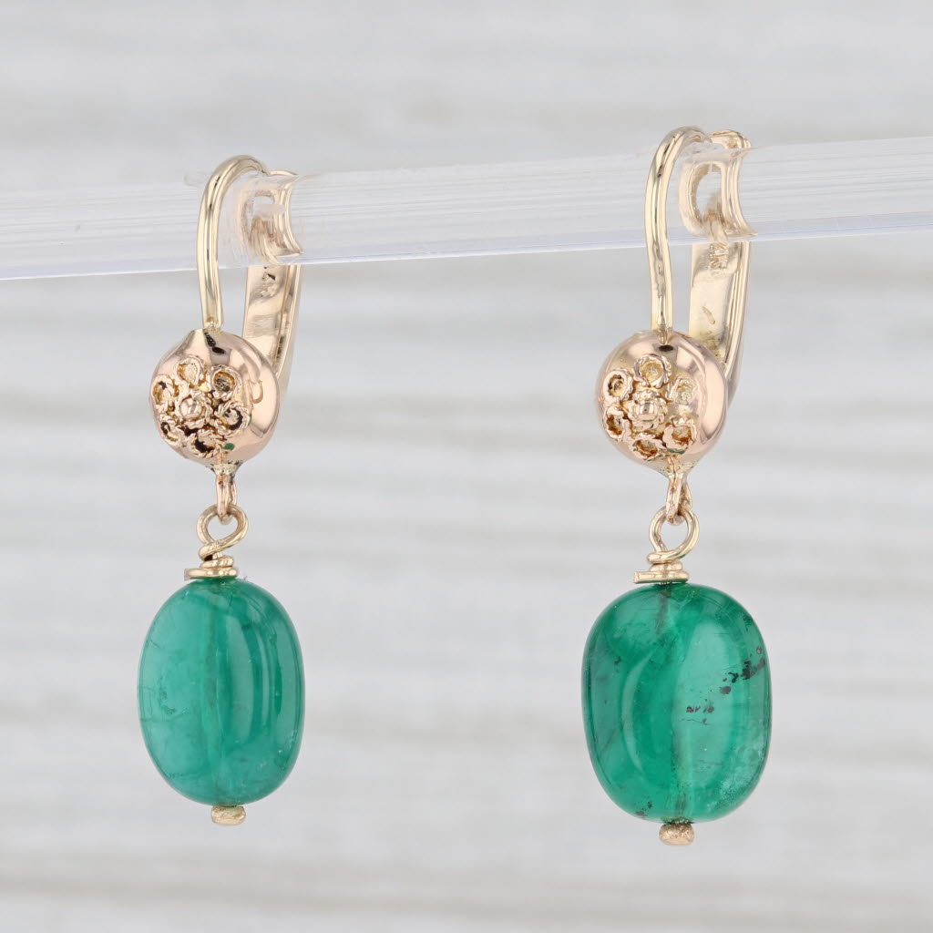 Light Gray Baroque Emerald Drop Earrings 14k Yellow Gold Vintage Floral