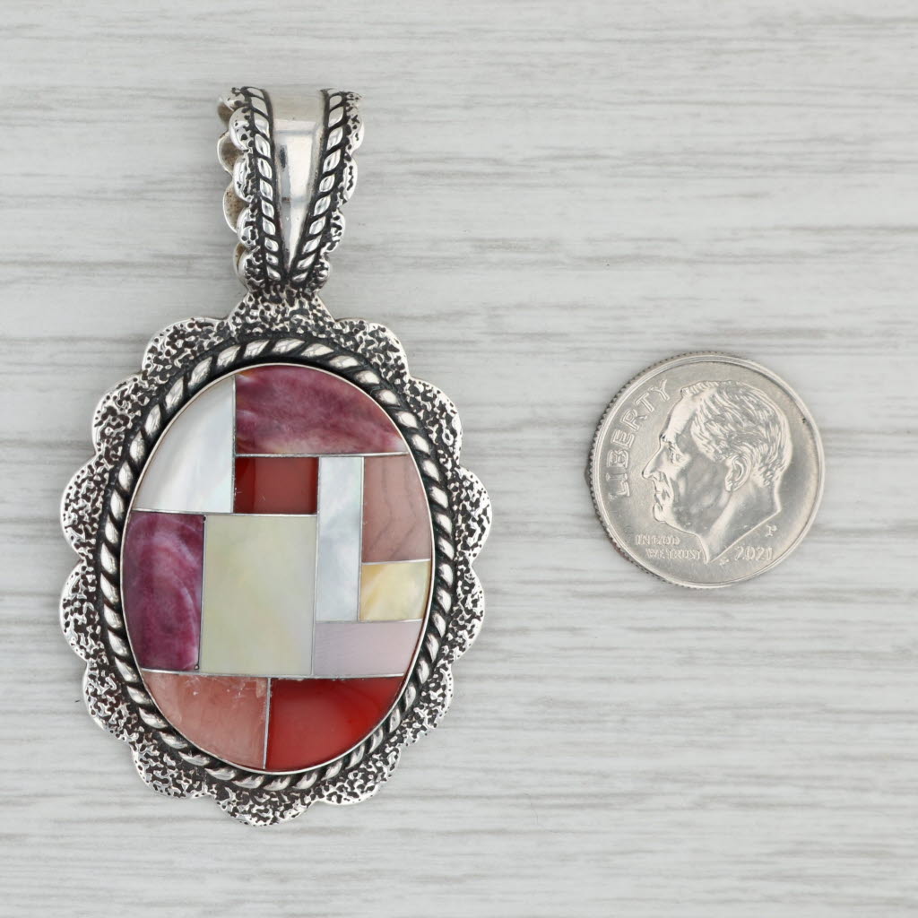 Gray Southwestern Relios Statement Pendant Sterling Silver Stone Mosaic Shell Quartz