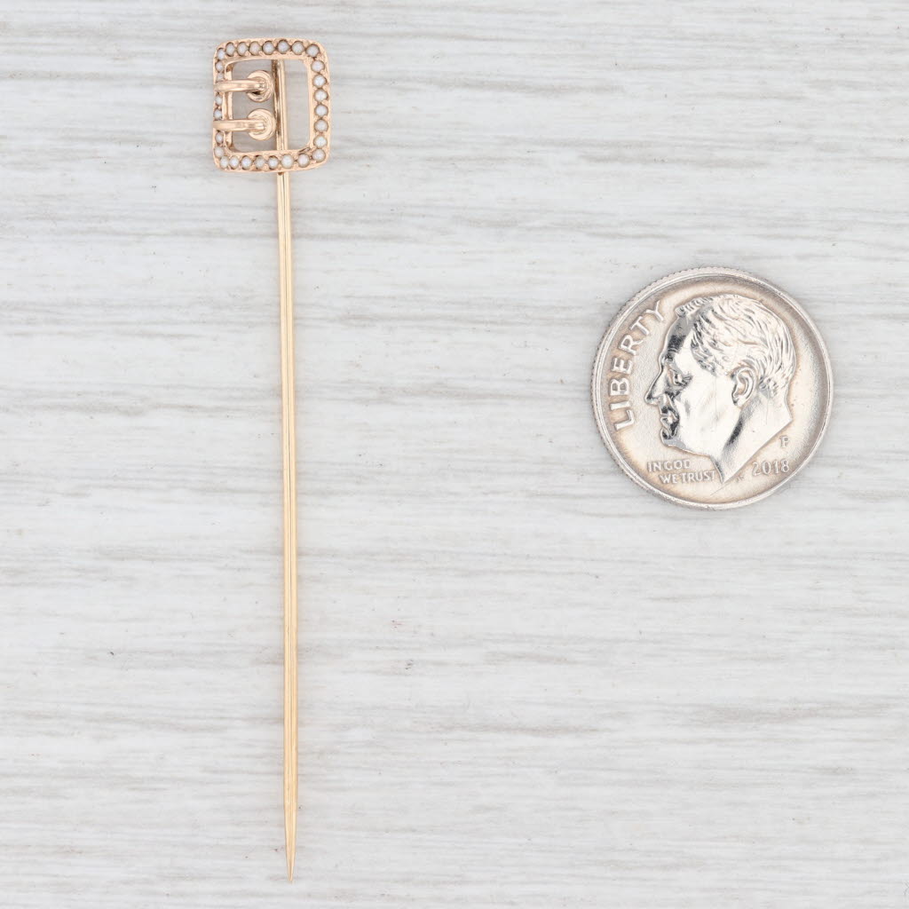 Light Gray Antique Seed Pearl Belt Buckle Stickpin 10k Yellow Gold