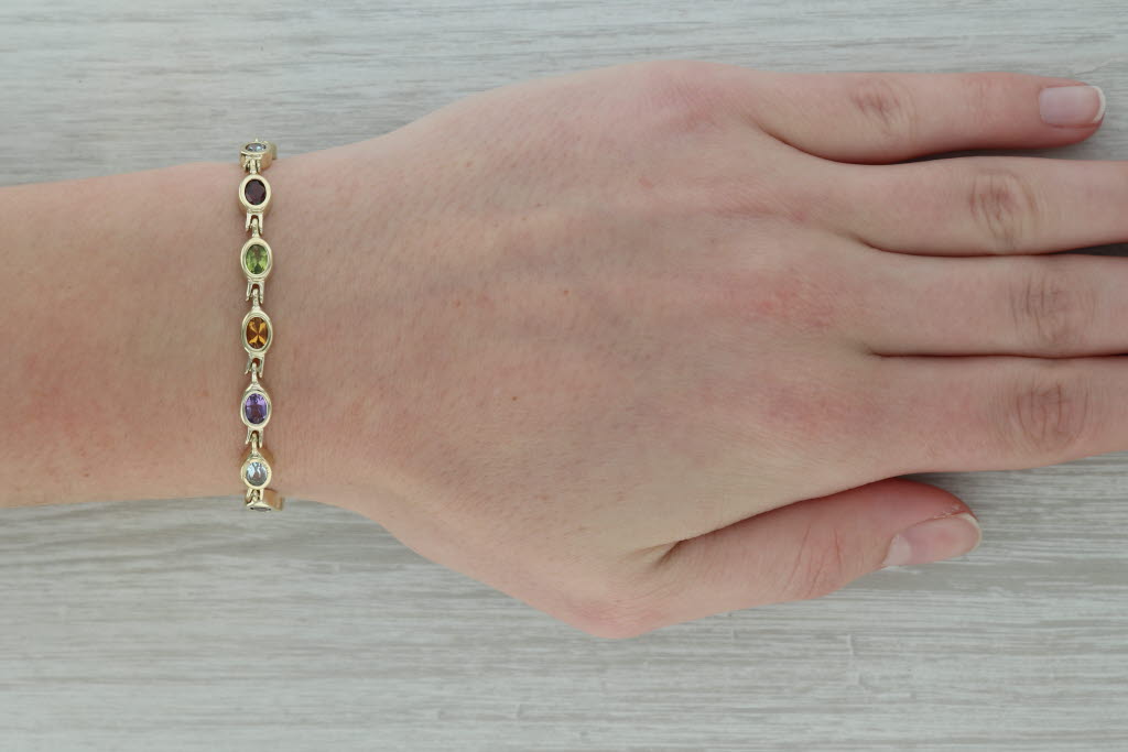 Rosy Brown 7.14ctw Gemstone Tennis Bracelet 14k Gold Topaz Garnet Peridot Amethyst Citrine