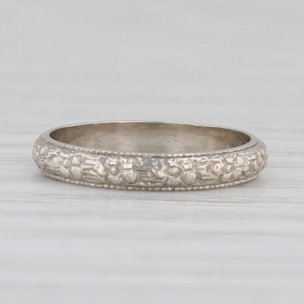Light Gray Antique Floral Baby Ring 10k White Gold Small Size Band Keepsake