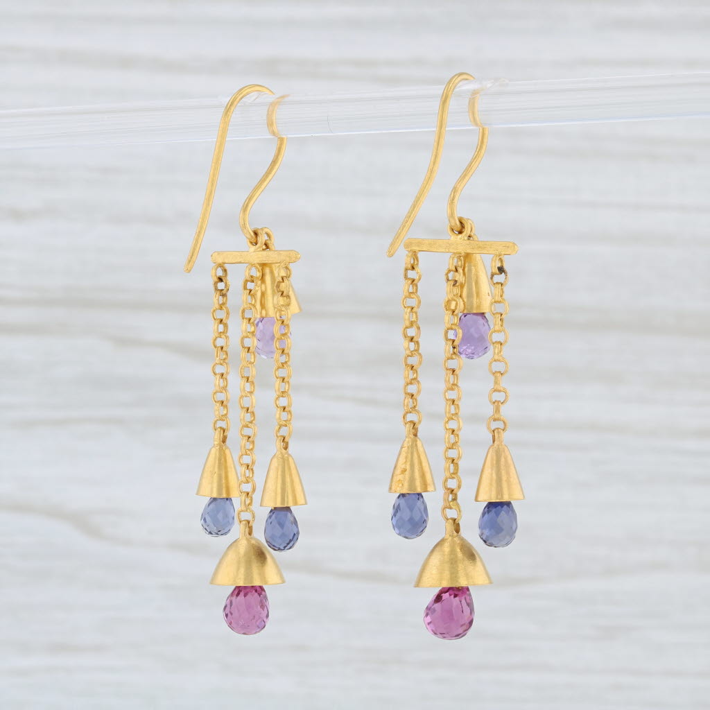 Light Gray Marie Helene de Taillac Gemstone Briolette Bell Earrings 18k 22k Gold Amethyst