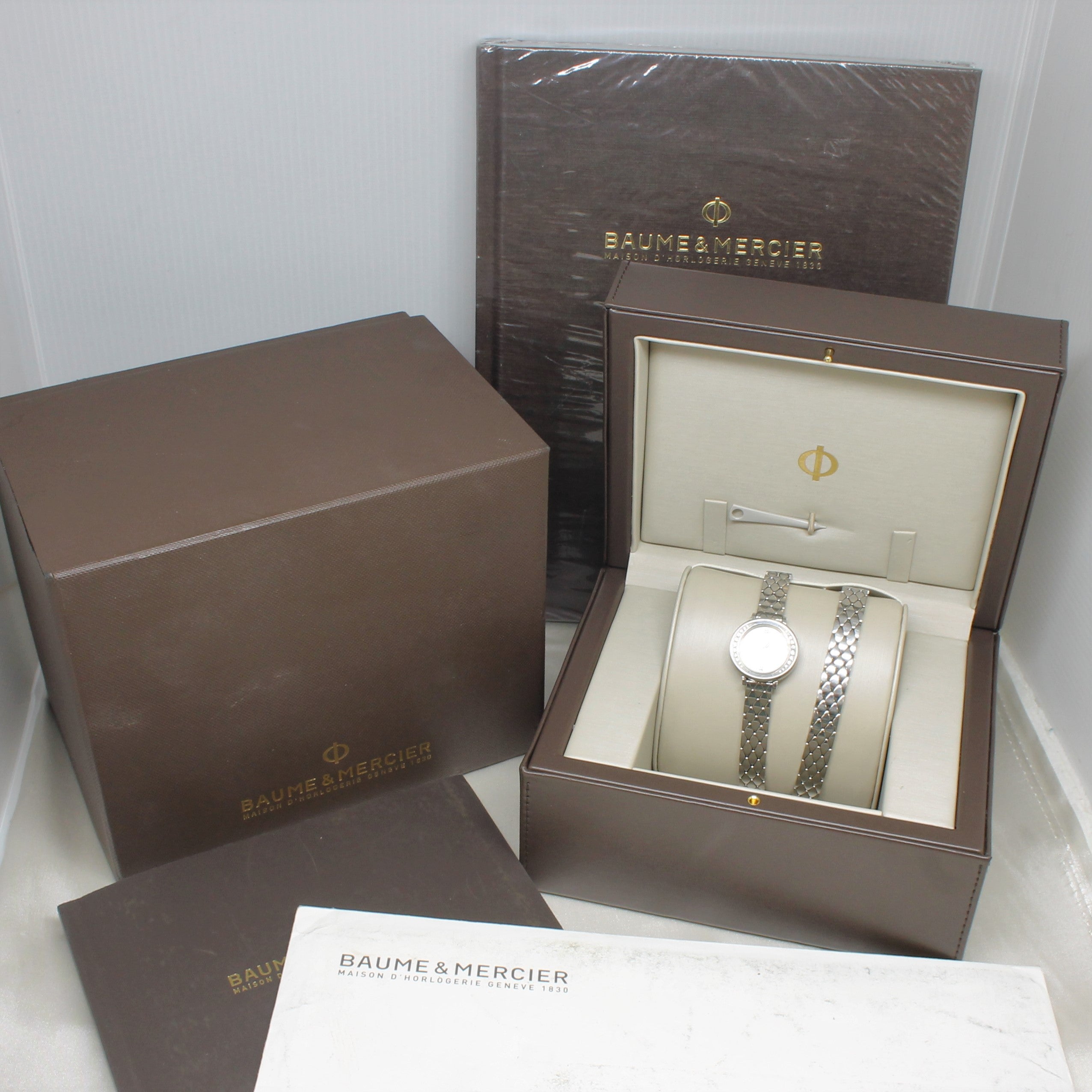 Dark Olive Green Baume Mercier Ladies Steel Double Bracelet Petit Promesse Diamond MOP Watch Box