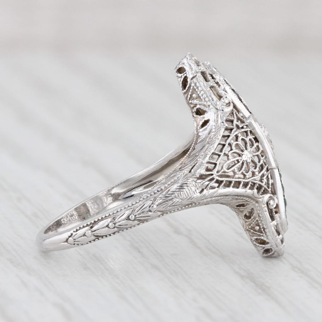 Light Gray Art Deco Diamond Emerald Glass Floral Filigree Ring 18k Gold Platinum Size 6.5
