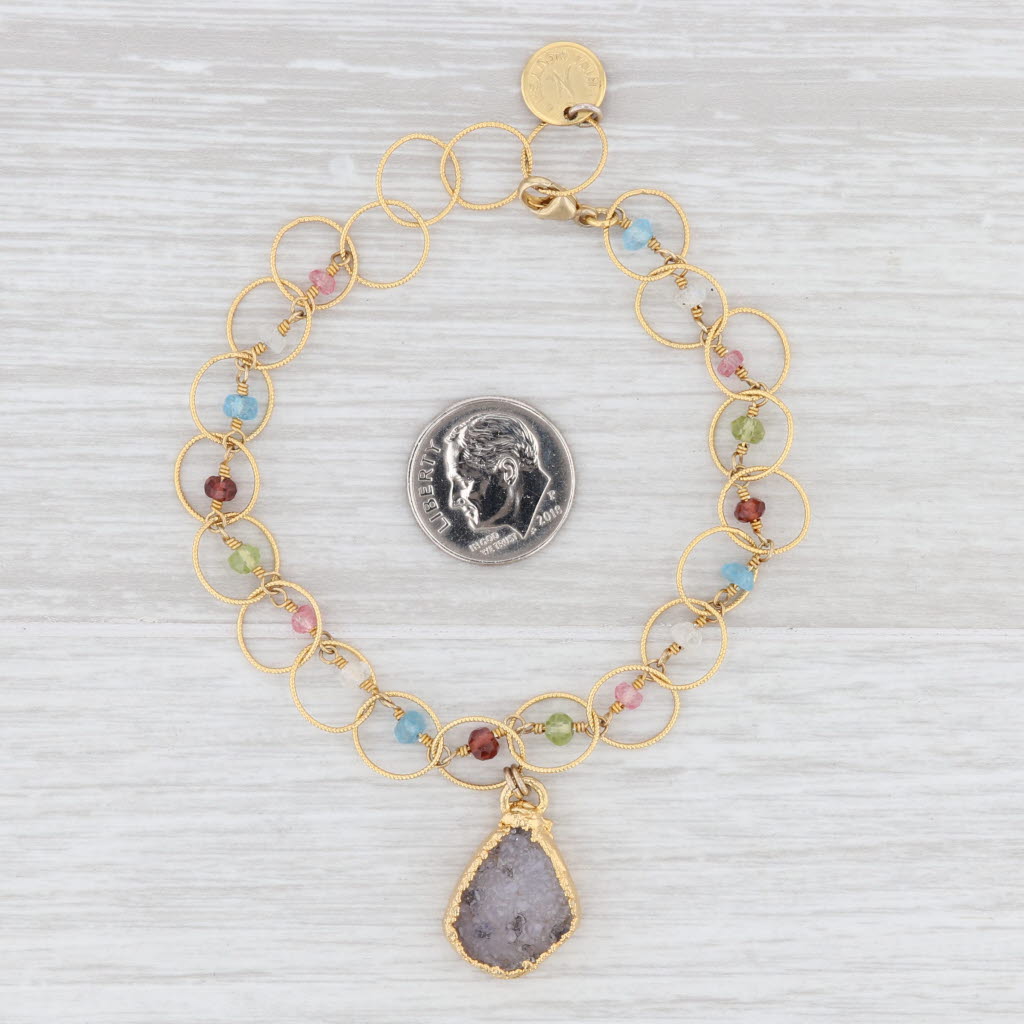 Light Gray New Nina Nguyen Gemstone Bead Druzy Quartz Charm Bracelet 7.5" Sterling