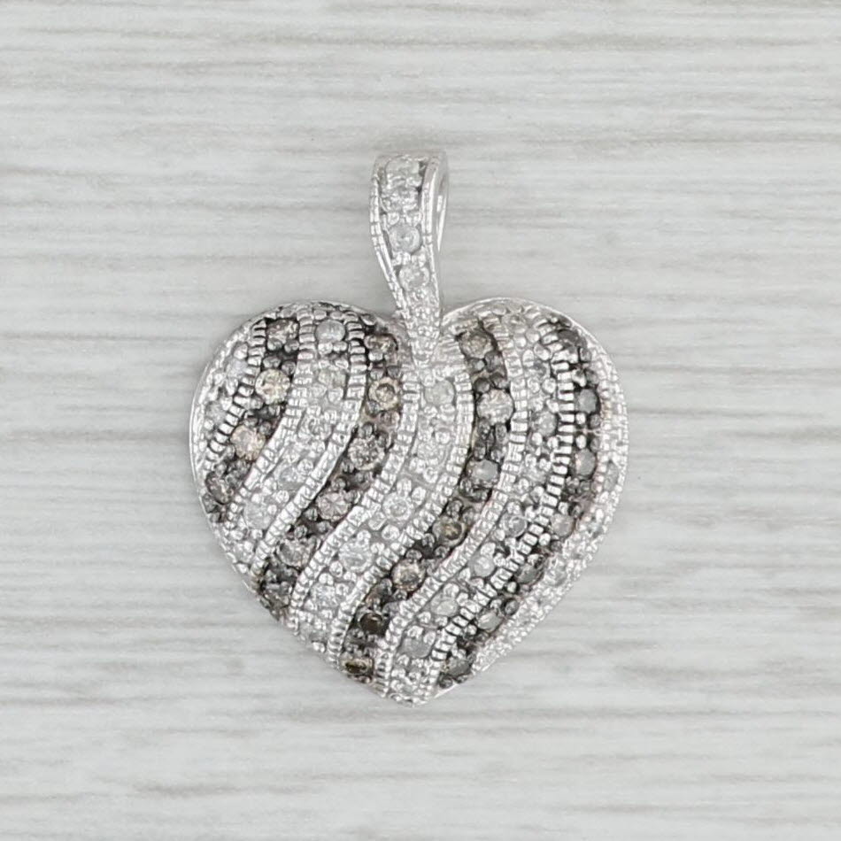 Light Gray 0.47ctw Brown White Diamond Stiped Heart Pendant 14k White Gold