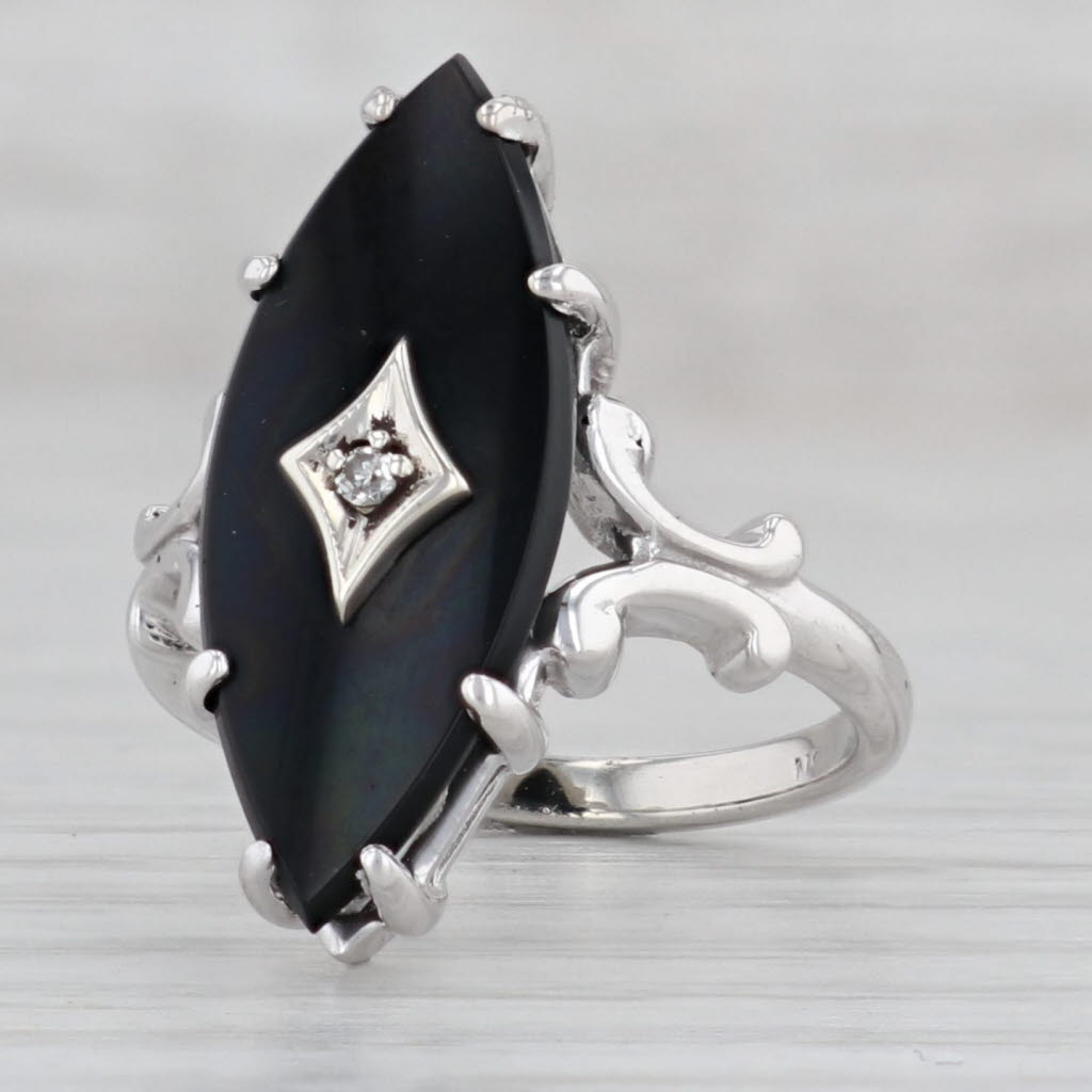 Gray Vintage Onyx Diamond Ring 10k White Gold Signet Size 5.5