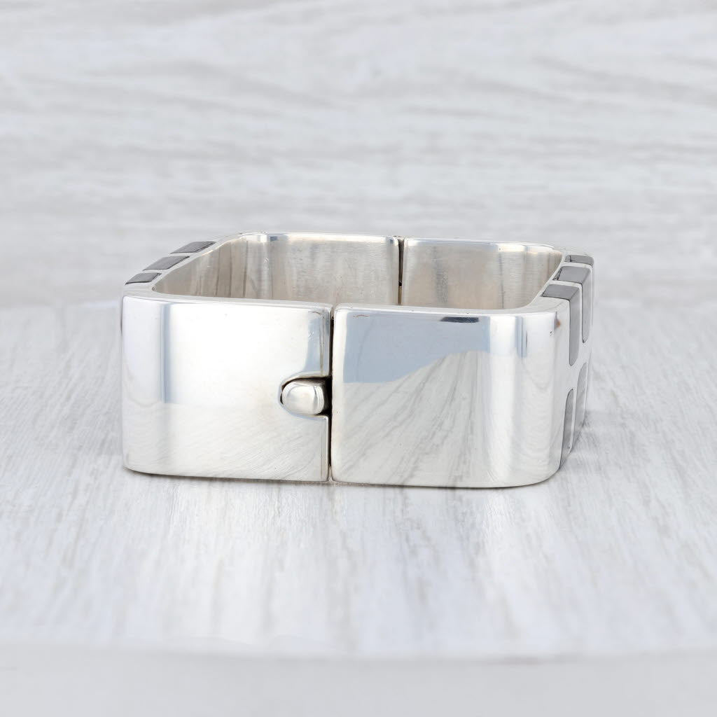 Light Gray Black Obsidian Volcanic Glass Mosaic Bangle Bracelet Sterling Silver 7.5” Taxco