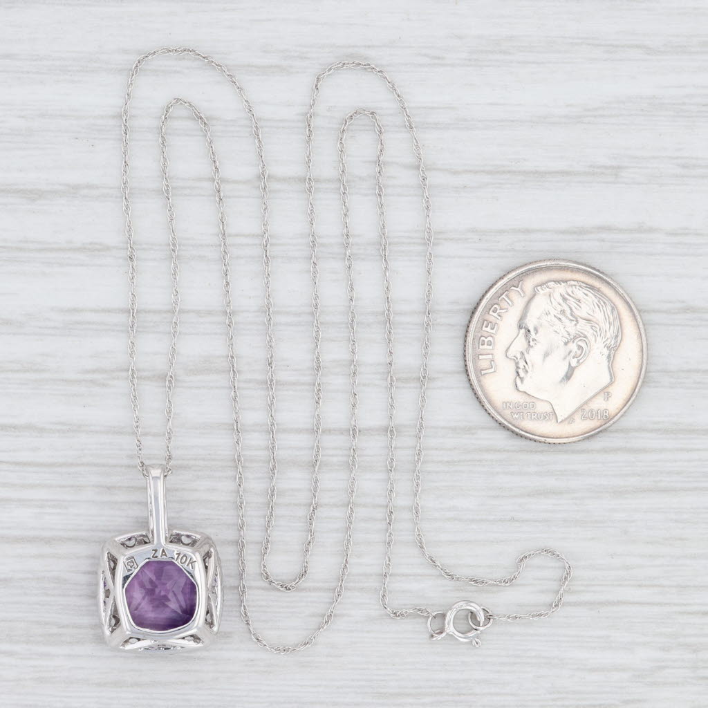Light Gray New Amethyst Synthetic White Sapphire Halo Pendant Necklace 10k White Gold 18"