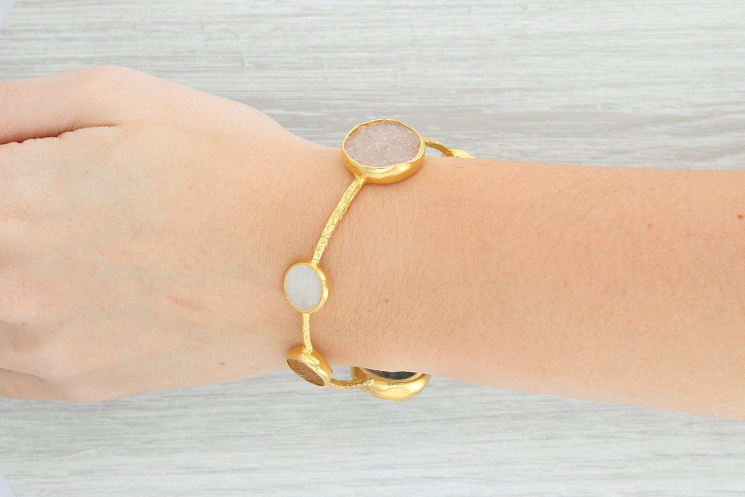 Light Gray New Nina Nguyen Bangle Bracelet 8" Druzy Quartz 22k Gold Sterling Silver Vermeil