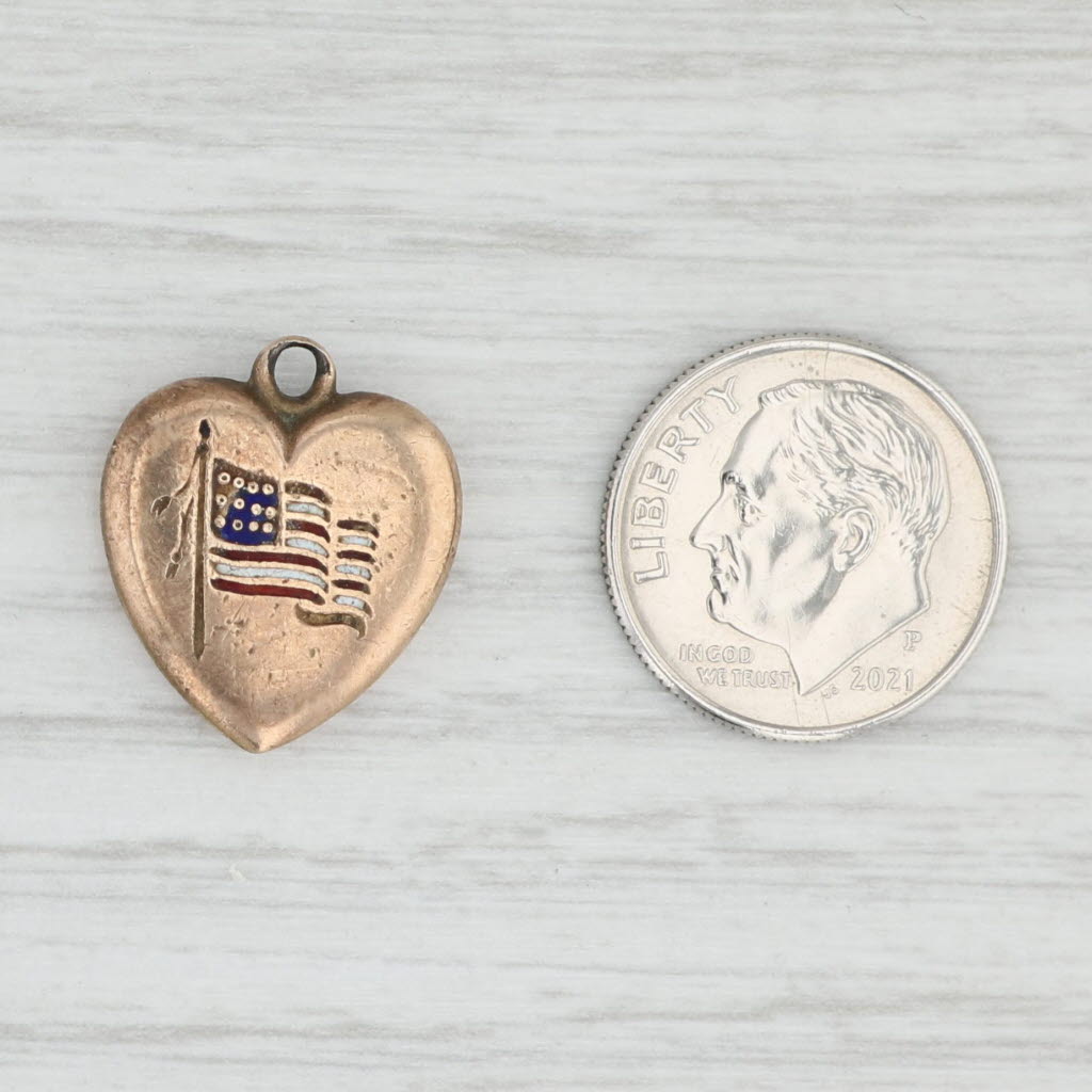 Light Gray Vintage American Flag Heart Pendant Charm 10k Yellow Gold Enamel AS IS