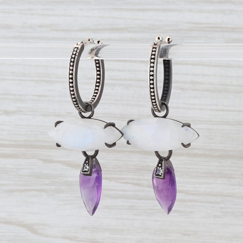 Light Gray New Nina Nguyen Hoop Charm Drops Earrings Sterling Silver Moonstone Amethyst
