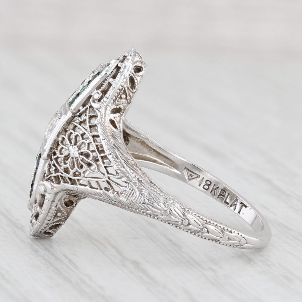 Light Gray Art Deco Diamond Emerald Glass Floral Filigree Ring 18k Gold Platinum Size 6.5