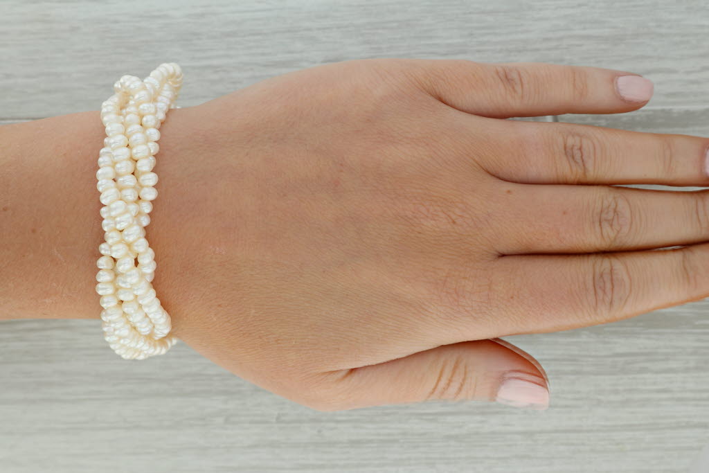 Rosy Brown Woven Multi-Strand Freshwater Cultured Pearl Bracelet 14k Yellow Gold 7"