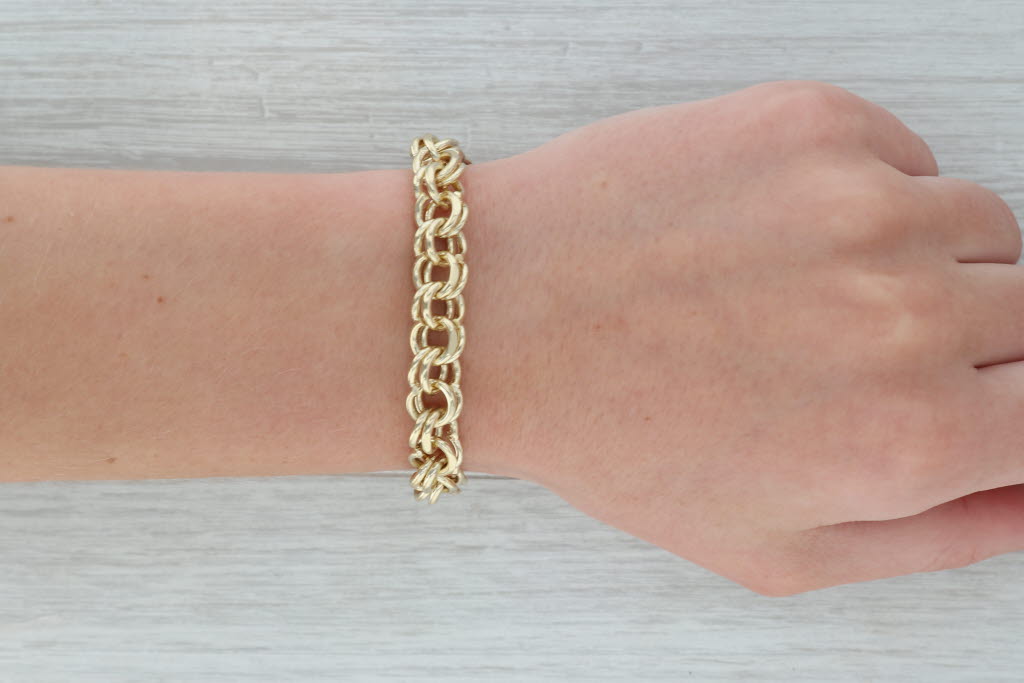 Dark Gray Double Cable Chain Bracelet 14k Yellow Gold 7" 9.5mm Starter Charm
