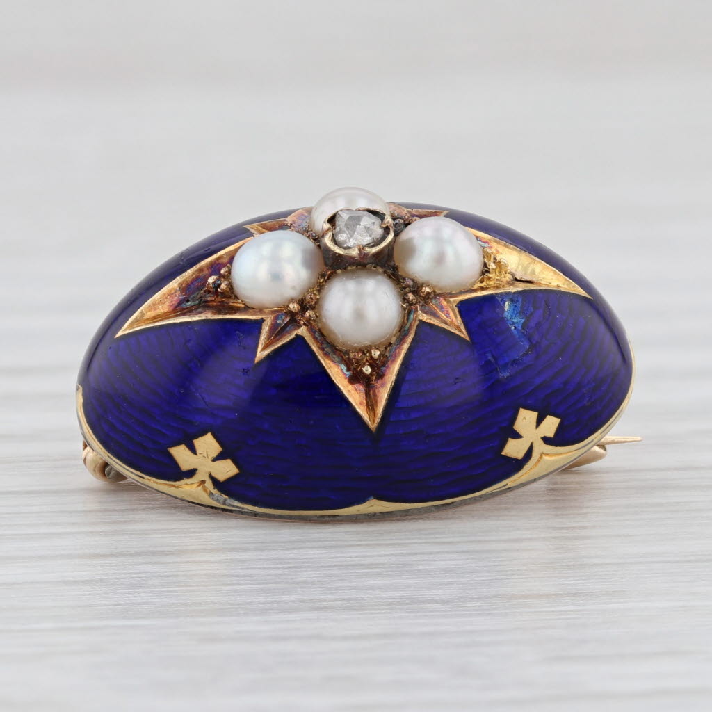 Light Gray Antique Pearl Diamond Enamel Brooch 14k Gold Enamel Pin