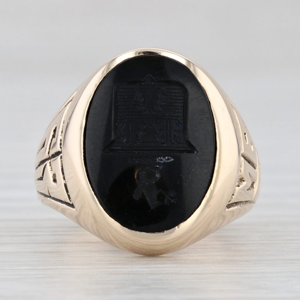 Light Gray Onyx Signet Crest Coat of Arms Class Ring 10k Yellow Gold Size 2.75 1963