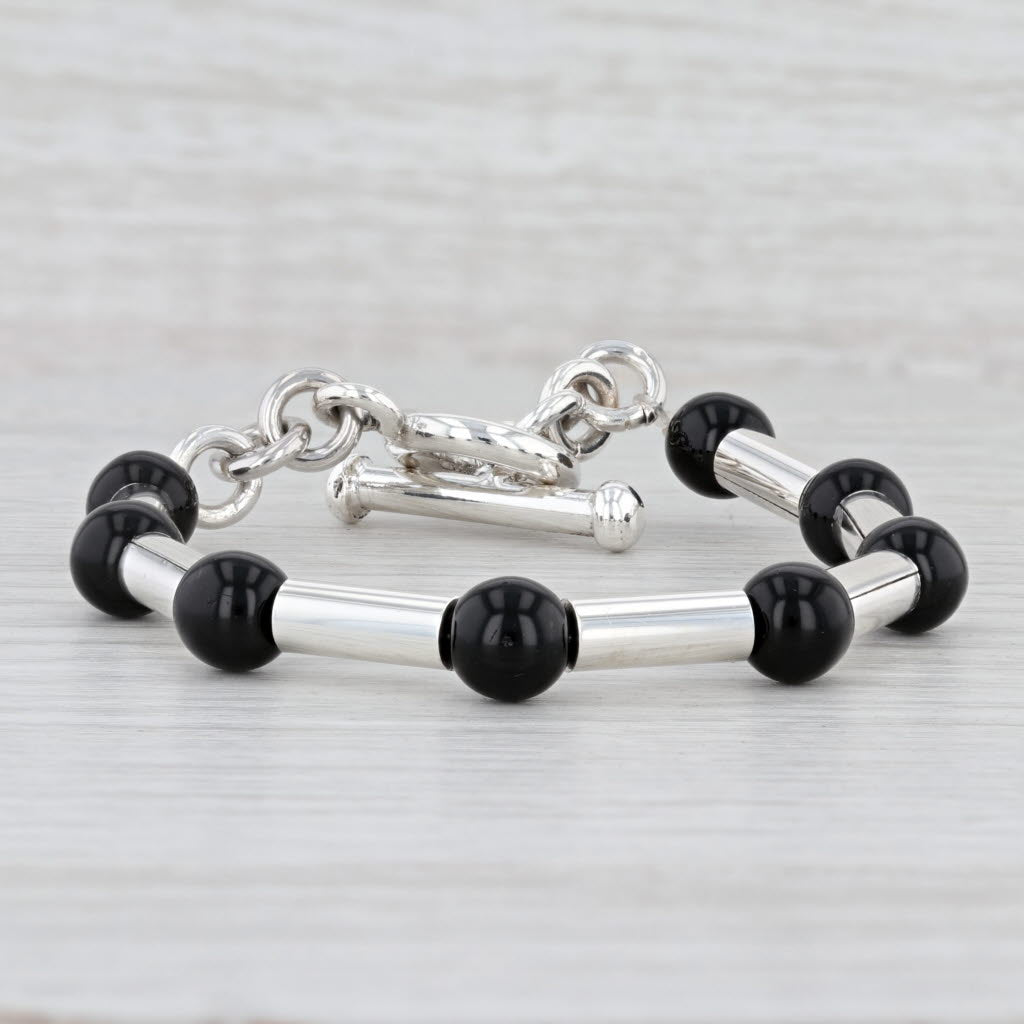 Light Gray New Black Glass Bead Statement Bracelet Sterling Silver 7” Toggle Clasp