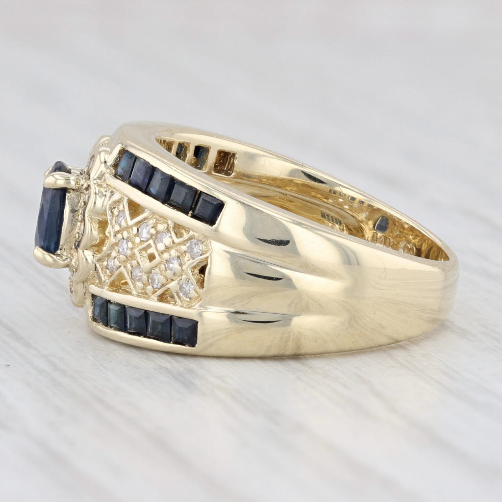 Light Gray 0.87ctw Oval Blue Sapphire Diamond Lattice Work Ring 14k Gold Size 6.5