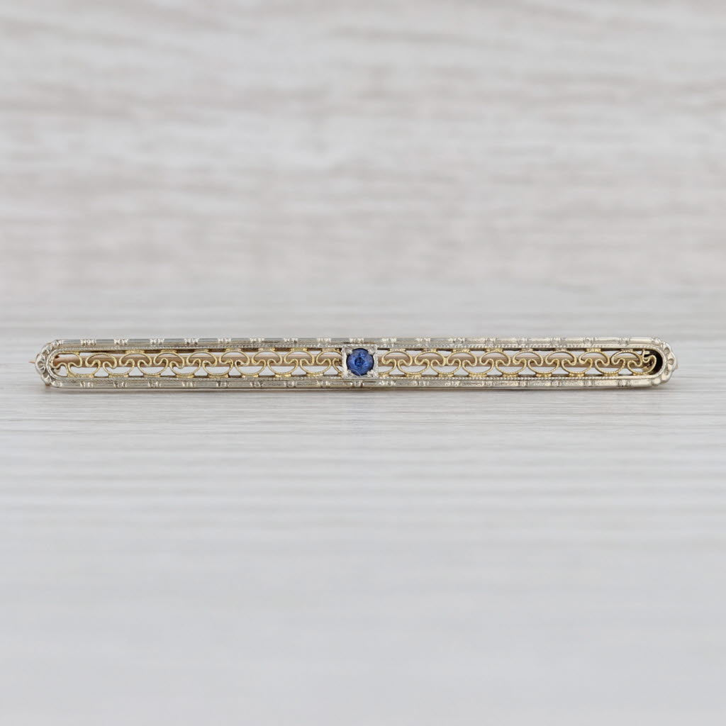 Light Gray Lab Created Sapphire Bar Pin Brooch 10k 14k Gold Platinum Vintage Filigree