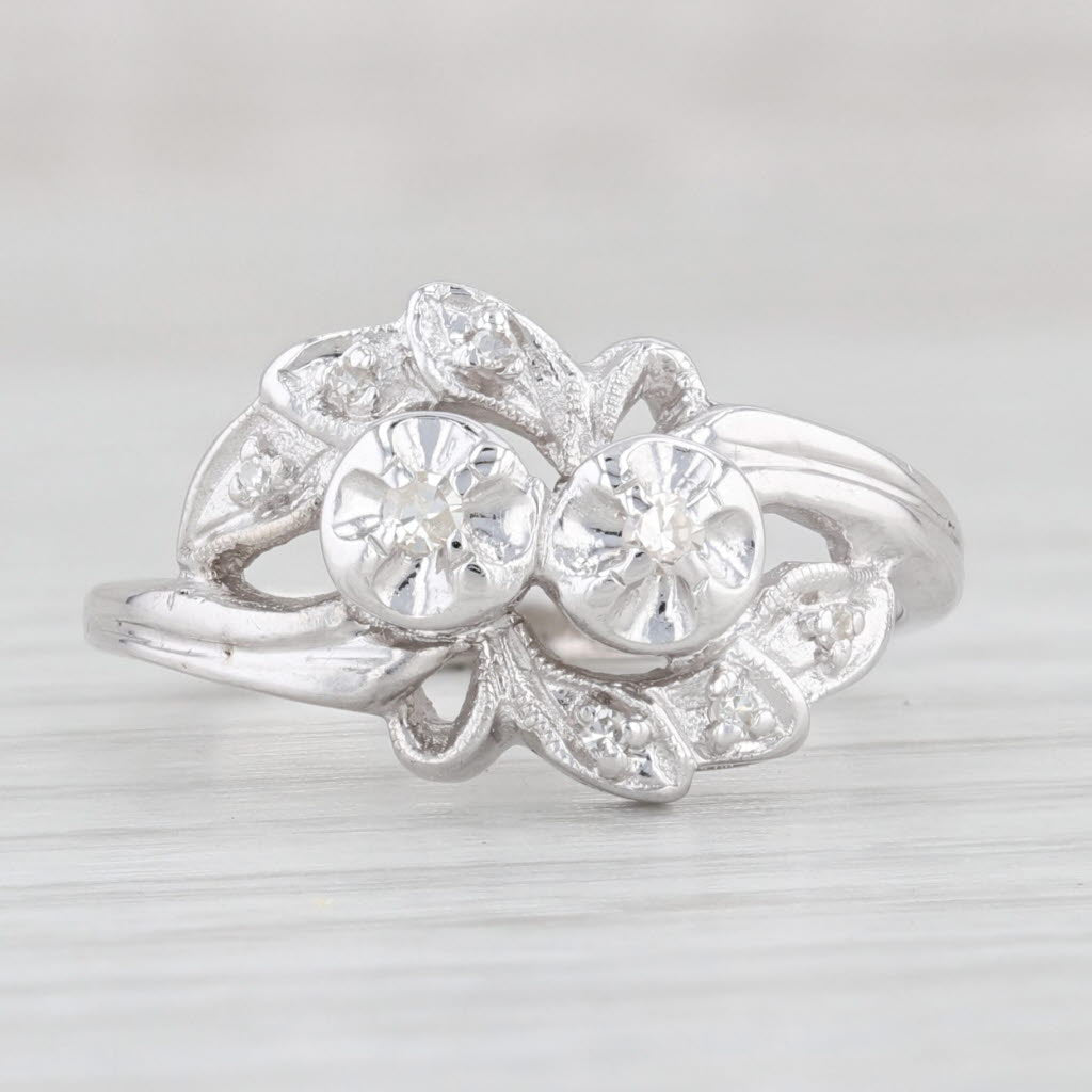 Light Gray Vintage Diamond Bypass Ring 14k White Gold Size 6.25 Anniversary
