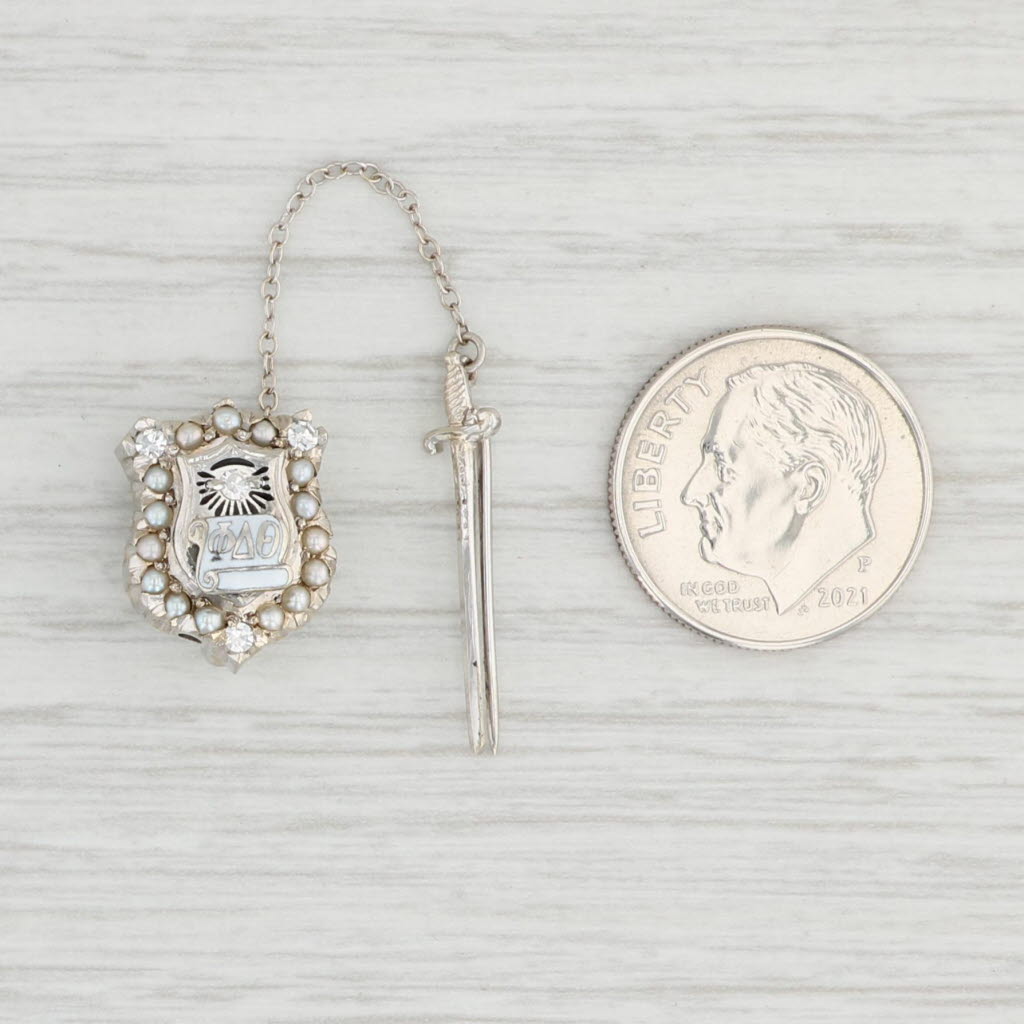 Light Gray Phi Delta Theta Badge 10k White Gold Pearl Diamond Shield Sword Fraternity Pin