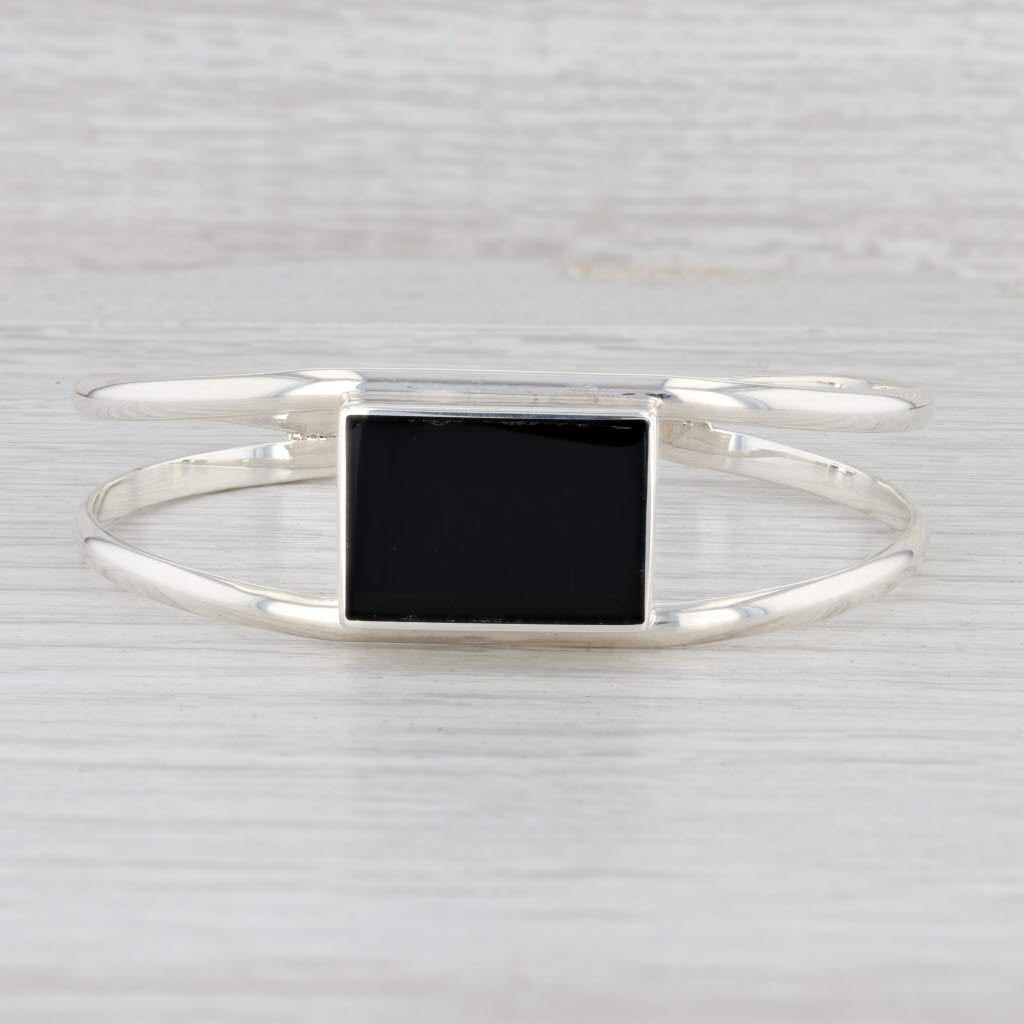 Light Gray New Black Glass Cuff Bracelet Sterling Silver 6.5" 925 Statement Mexico