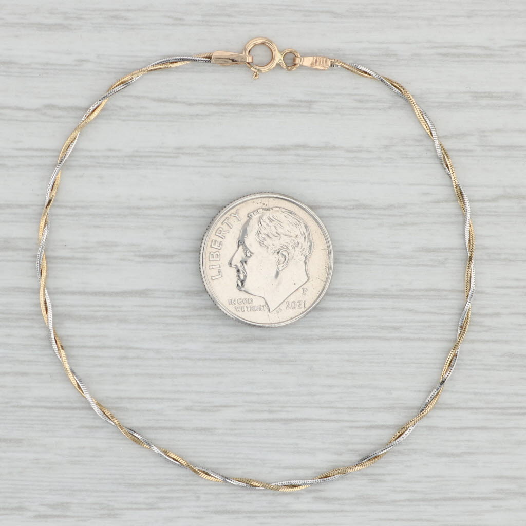 Light Gray 7.25" 2-Toned Woven Snake Chain Bracelet 10k Yellow White Gold 1.3mm