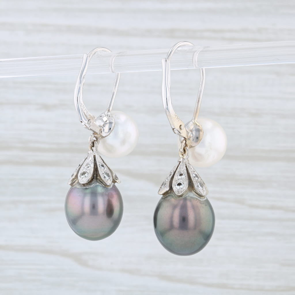 Light Gray New Cultured Black White Pearls Diamonds Drop Earrings 14k White Gold Pierced