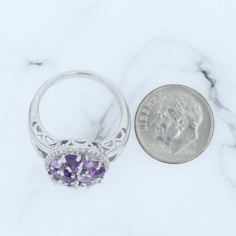 Lavender New Amethyst Cluster Diamond Halo Ring Sterling Silver Purple Stone Cocktail S 7
