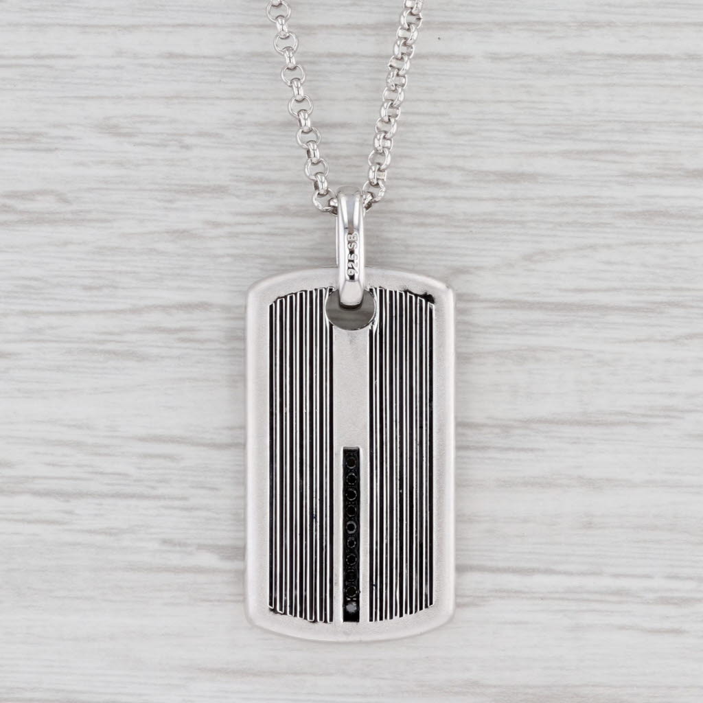 Light Gray New Dog Tag Pendant Necklace Black Diamonds Sterling Silver 21.5" Rolo Chain