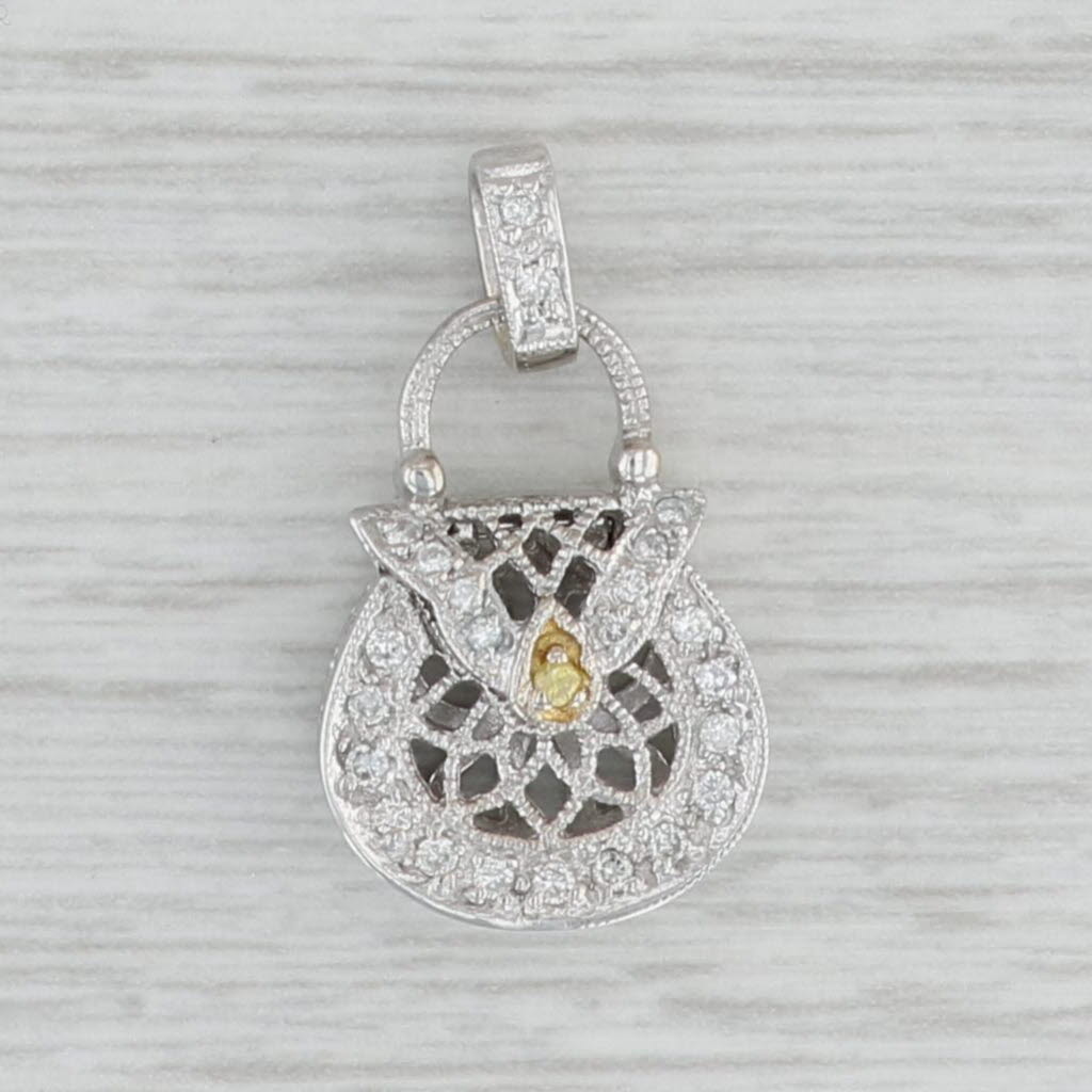 Gray Diamond Purse Charm 18k Gold Opens Ornate Filigree Pendant