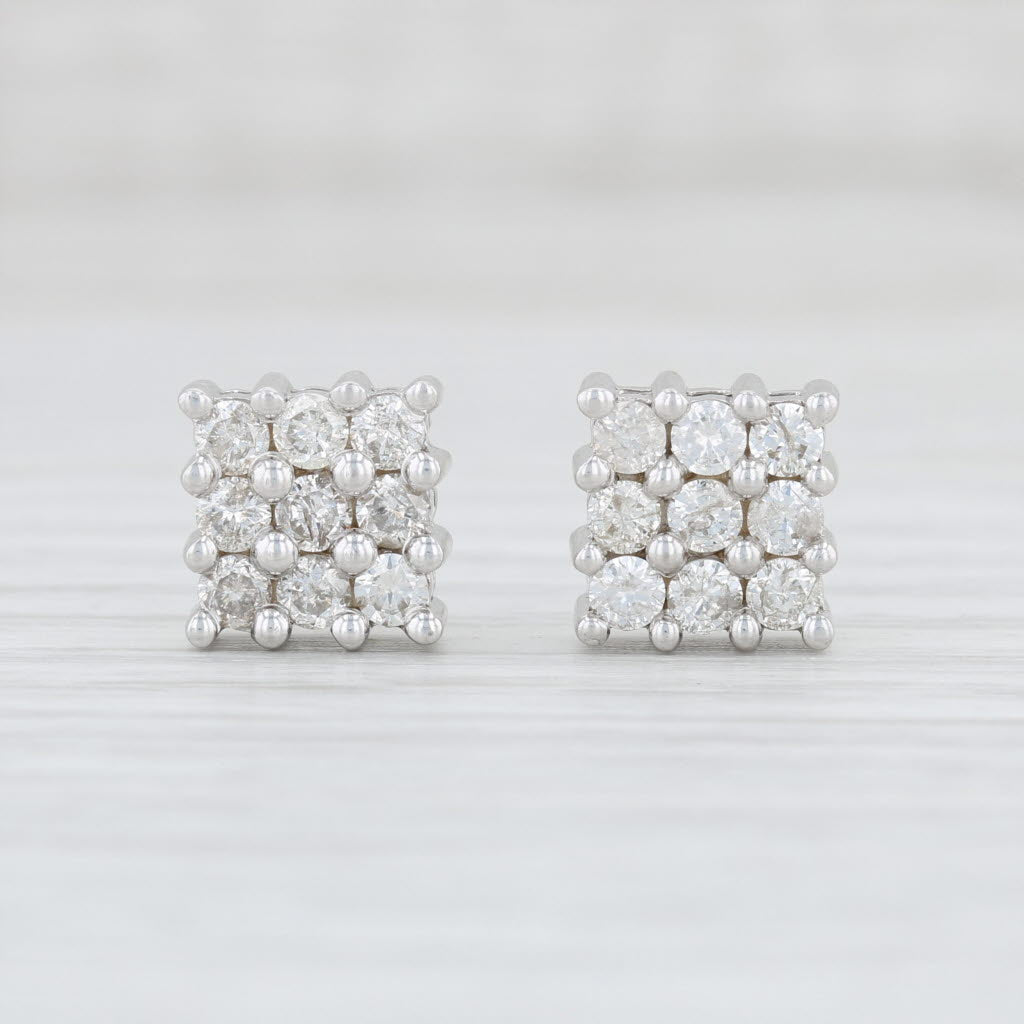 Light Gray 1.04ctw Square Diamond Cluster Earrings 14k White Gold Pierced Studs