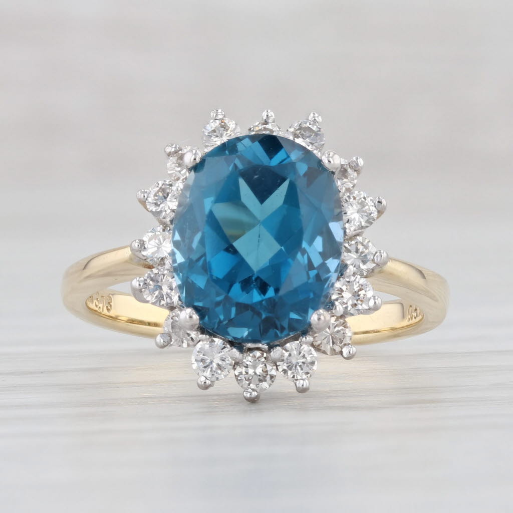 Light Gray 4.23ctw London Blue Topaz Diamond Halo Ring 14k Yellow Gold Size 6.25
