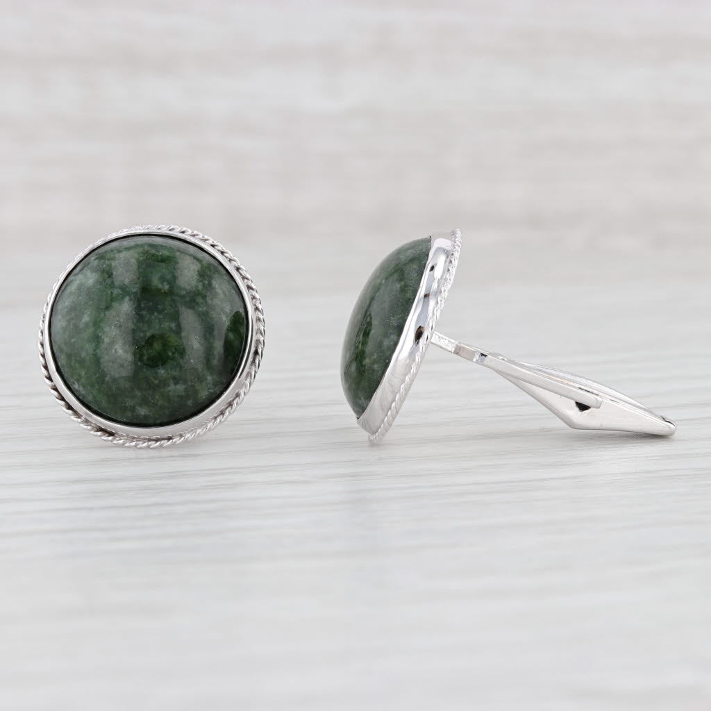 Light Gray Green Nephrite Jade Cufflinks 14k White Gold Suit Accessories Round Cabochon