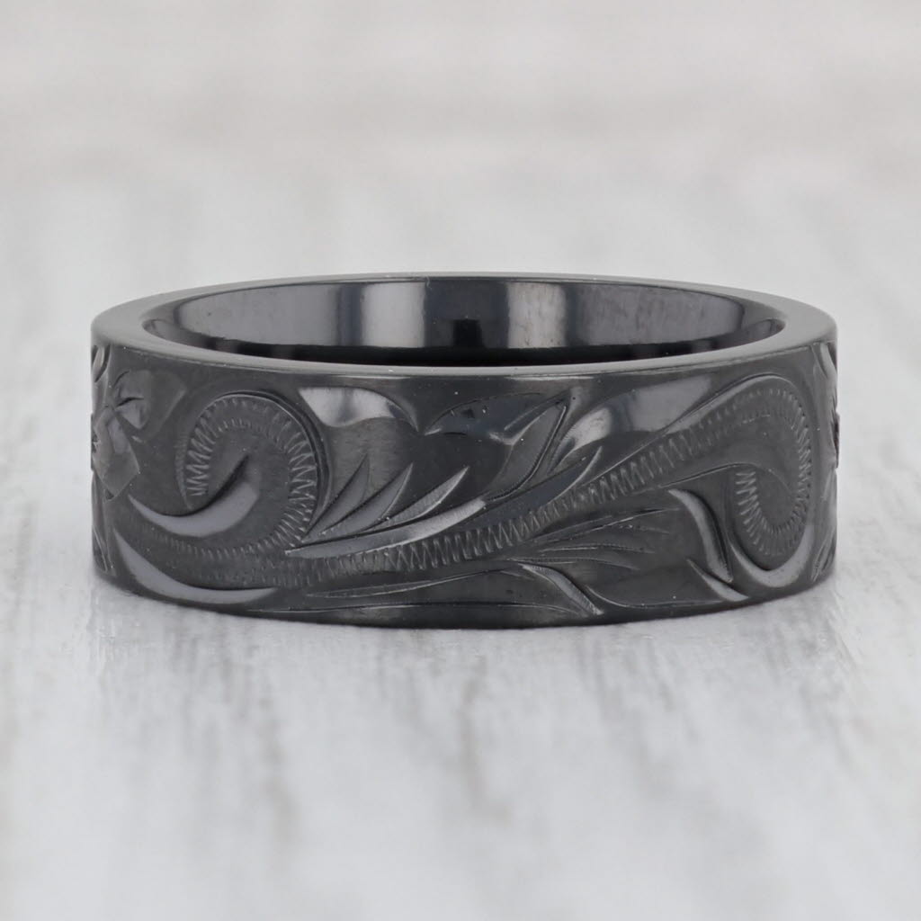 Light Gray New Black Titanium Floral Pattern Ring Size 10 Wedding Band