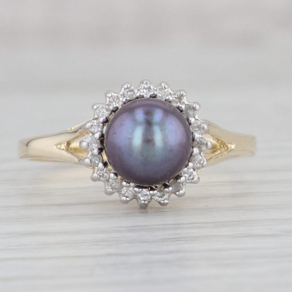 Gray Cultured Black Pearl Diamond Halo Ring 14k Yellow Gold Size 9