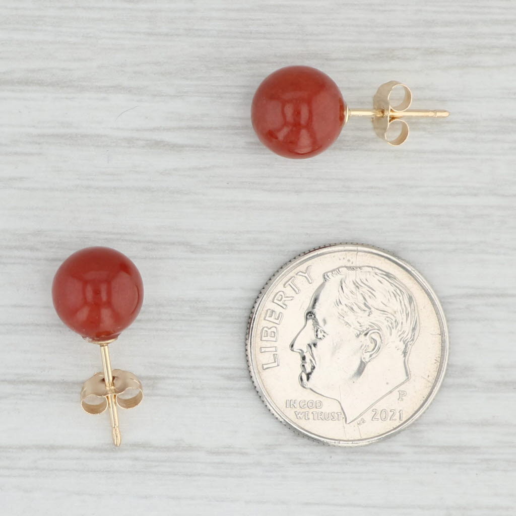 Light Gray Red Jadeite Jade Bead Stud Earrings 14k Yellow Gold