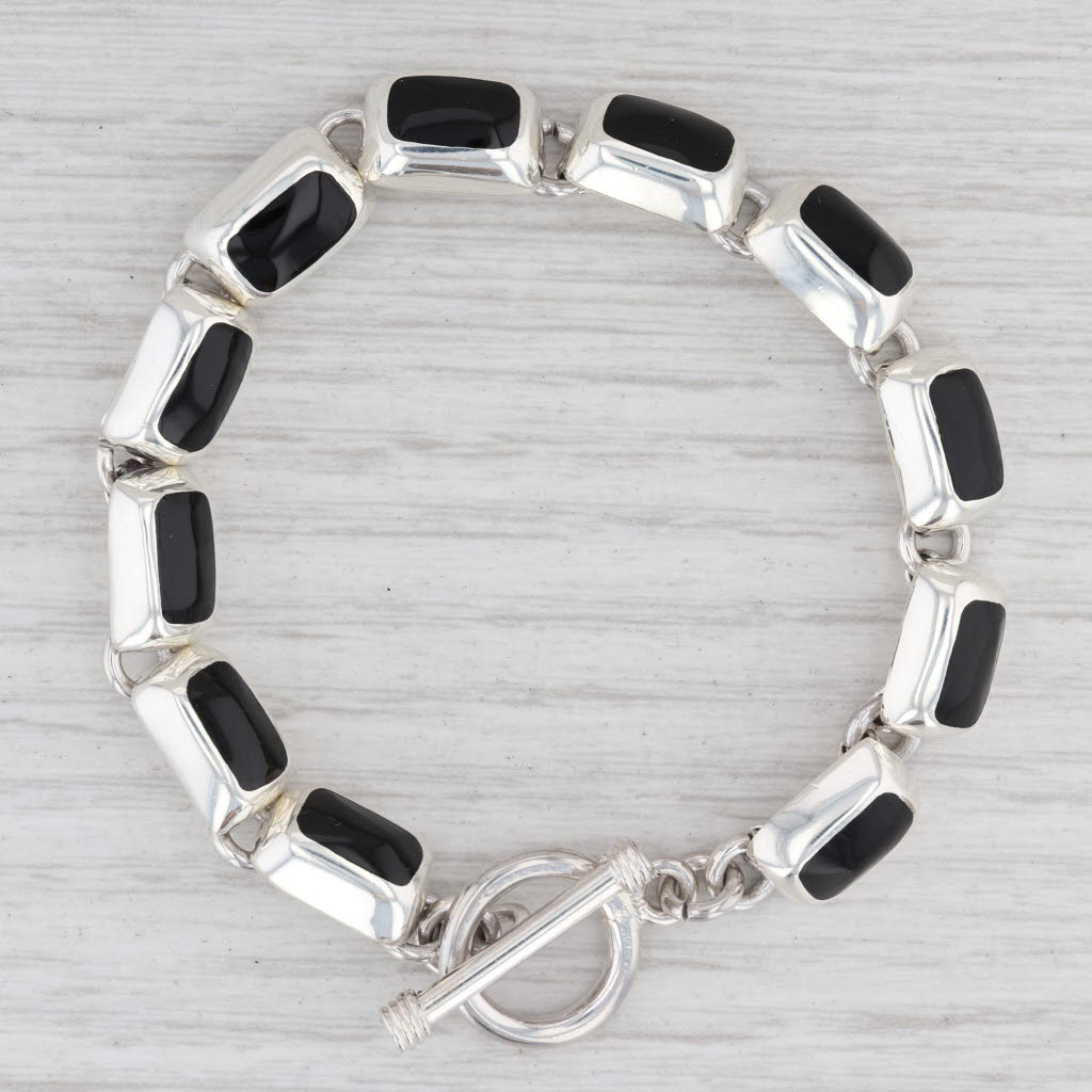 Light Gray New Black Resin Link Bracelet Sterling Silver Toggle Clasp 7.25 8.7mm