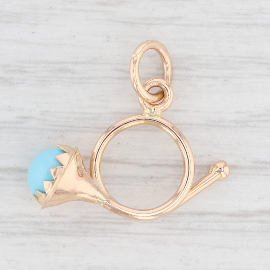 Light Gray Vintage Blue Glass French Horn Charm 18k Yellow Gold Pendant